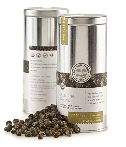 Golden Moon Tea Organic Jasmine Pearls Green Tea - Loose Leaf Dragon Pearls, Premium Grade, Non GMO - Travel Tin (48 Servings)