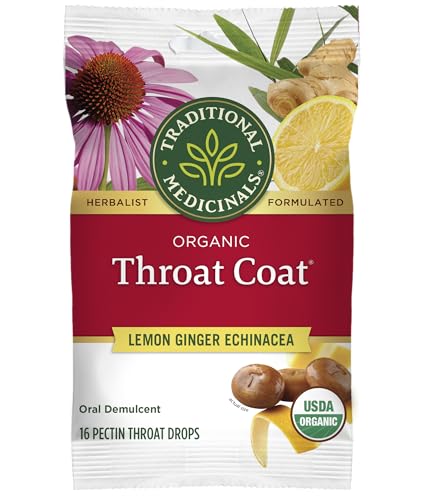 Traditional Medicinals Organic, Throat Coat Lozenges, Lemon Ginger Echinacea - Herbal Cough Drops, Helps Soothe Sore Throat - Non-GMO, Stimulant-Free