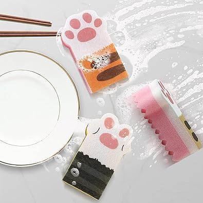 3Pcs Pink Random Style Cat Claw Design Kitchen Cleaning Sponges,Cute Household Cleaning Tool,Claw Design Non-Scratch Dishwashing Scrub Sponge Kitchen