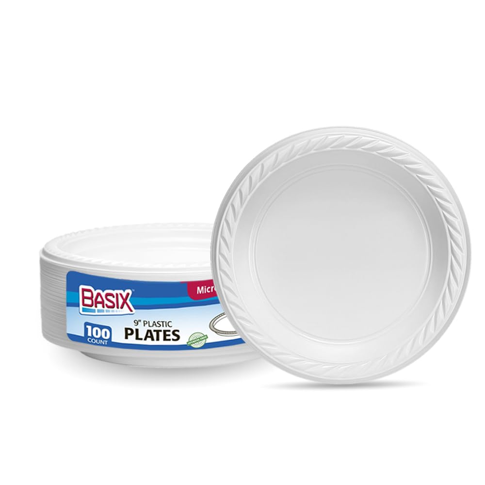 Basix 9 inch Plastic Plates Microwave Safe 100 Count, White