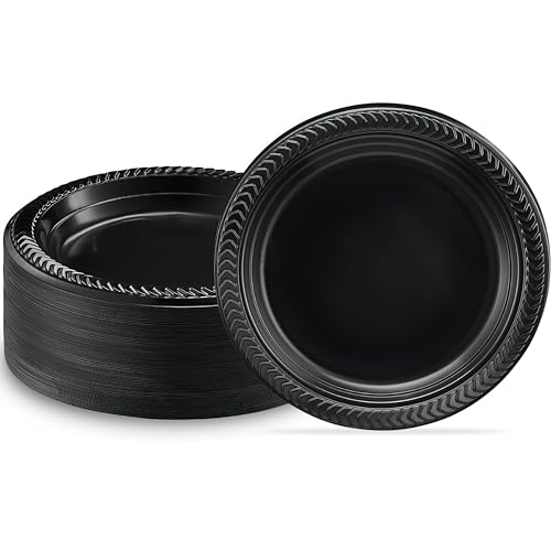 Bluesky Cuisine Round Black Disposable Plates - 6" (Pack of 100) Durable & Microwave Safe Black Dessert Plates, Perfect Disposable Plastic Plates