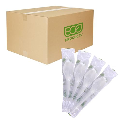 Eco-Products Compostable CPLA 6" Plastic Spoons, Case of 1000, Individually Wrapped Spoon, Disposable White Plantware Cutlery, Renewable Material Made