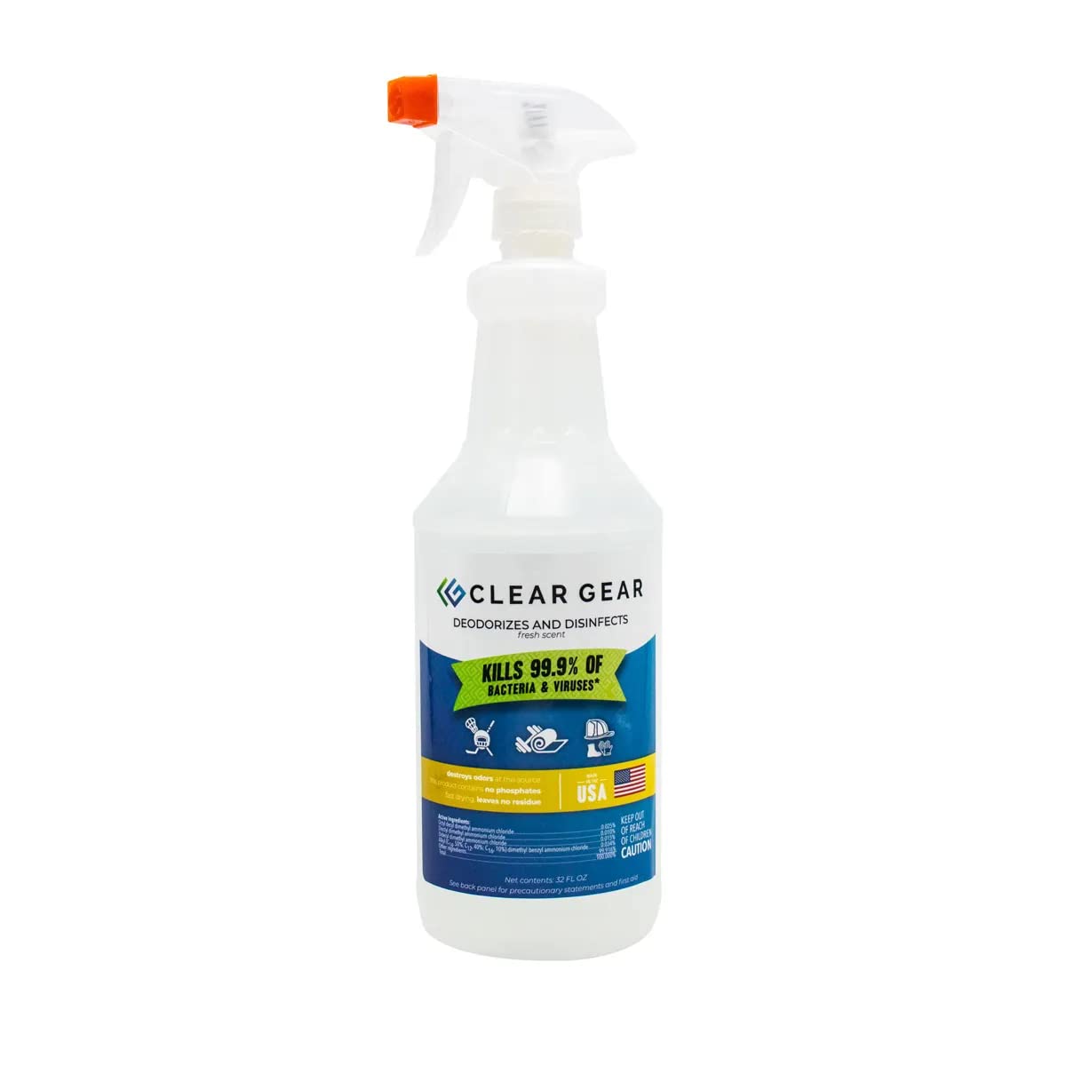 Clear Gear Disinfectant Cleaner, and Deodorizer For Sports Equipment, Gyms, and Fitness Centers - EPA-Registered, Hospital Grade, Made in USA - 1-Pack