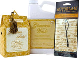 Elanze Designs Tyler Candle Glamorous Wash 32 Ounce, Scented Sachet, and Autoglam Air Freshener, 3 Piece Gift Bundle Set, High Maintenance Fragrance
