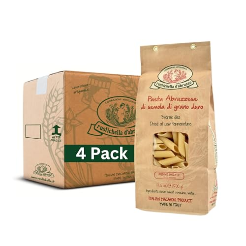 Rustichella d'Abruzzo Penne Rigate Pasta (Pack of 4), 500g Each - Classic Durum Wheat Short Pasta with Ridges - Ideal for Sauces - Cooks in 10-12