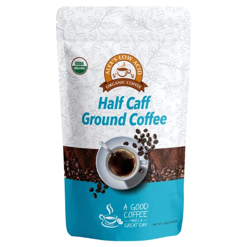 Alex's Low Acid Organic Coffee 12oz Bag - Half Caff Fresh Ground (Pack of 1)
