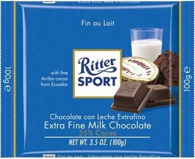 Ritter Sport Energy Bars - 100g/3.5oz, 12pk, Extra Fine Milk Chocolate