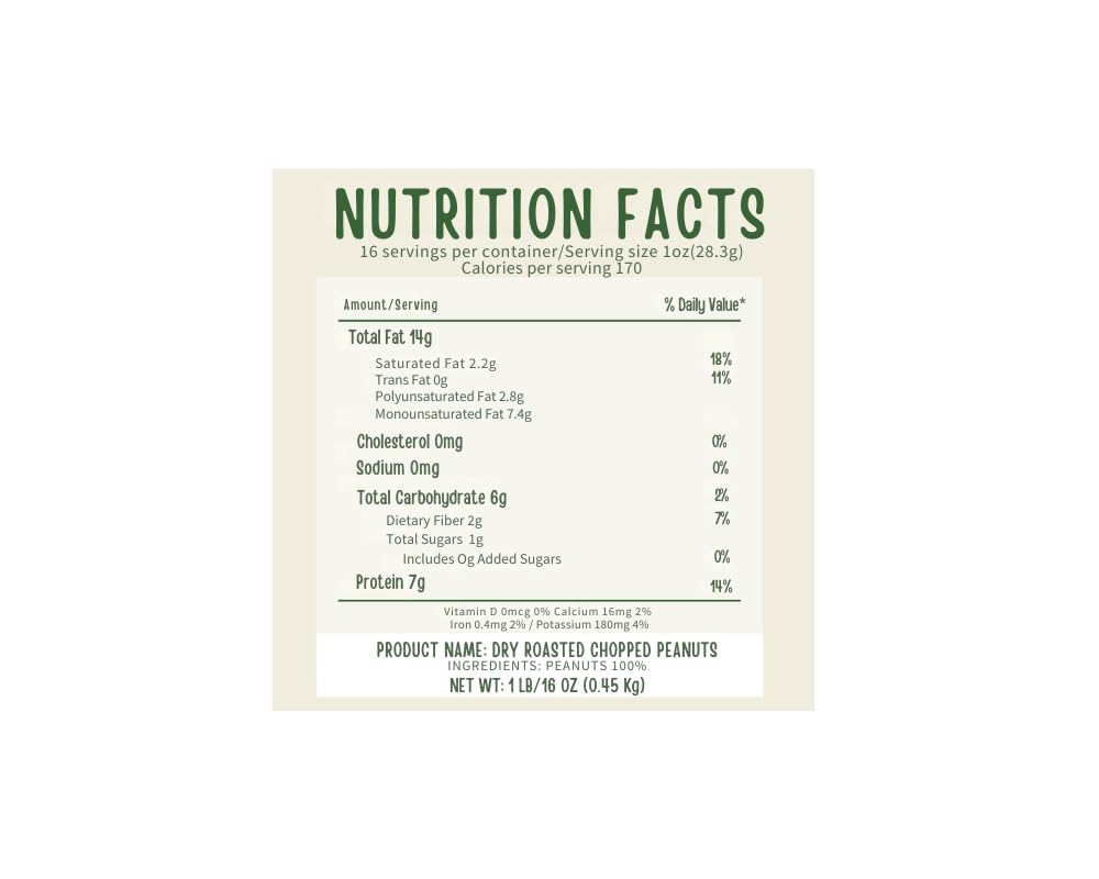 Beyond Nature Dry Roasted Chopped Peanuts - Unsalted 1 Pound (16 oz) Vacuum Sealed, Non GMO, No Oil & No Salt, Low Carb, Keto Friendly & Vegan Snack