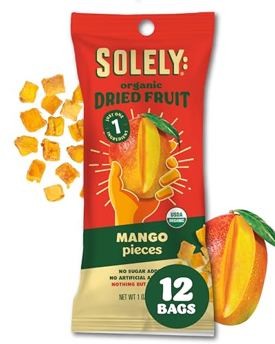 SOLELY - Organic Dried Fruit Mango Pieces (1 Box, 12 Single Serving Bags per Box) - Real Fresh Fruit - Healthy Snacks for Adults & Kids - Non GMO