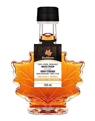100% Pure Organic Maple Syrup - Premium Grade A - Quebec's Finest in Elegant Maple Leaf Bottle from Biodélices (3.38 Fl Oz (Pack of 1), Maple (CA