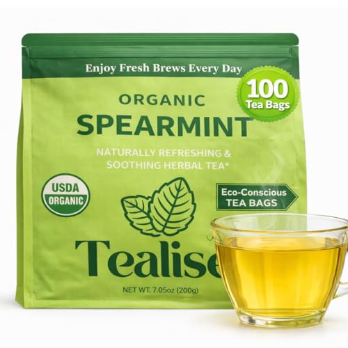 Organic Spearmint Tea Bags 100 Count - Spearmint Herbal Tea - Caffeine Free Mint Tea - Fresh, Smooth and Naturally Refreshing - Eco-Conscious