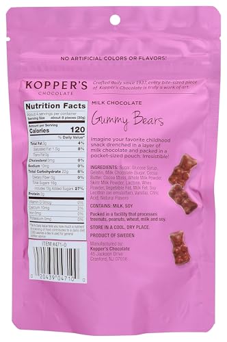 Kopper's Chocolate Milk Chocolate Covered Gummy Bears - No Artificial Colors or Flavors - 4 Oz Pouch, 4 Ounce (Pack of 1)