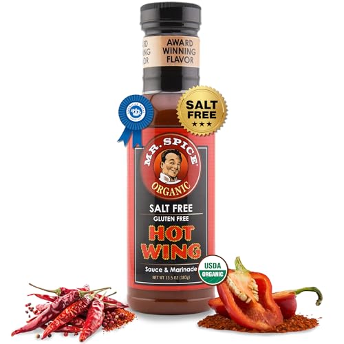 Mr. Spice Organic Hot Wing Sauce, Salt Free Hot Wing Sauce (0mg/serving), Gluten Free, Low Sodium Sauces for Marinade, Grill & Air Fryer, No Salt