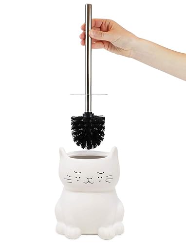 Isaac Jacobs White Ceramic Cat Toilet Bowl Brush Holder with Chrome Metal Handle (Unassembled) - Bathroom Accessory & Cleaning Storage (Cat)
