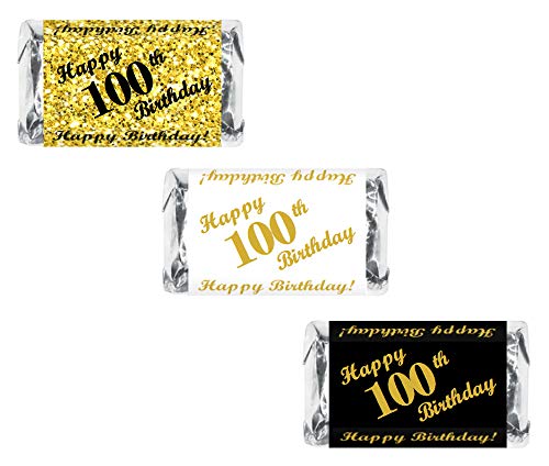 100th Birthday Miniatures Candy Bar Wrapper, (Set of 60) Mini Candy Bar Stickers; 3 Designs: 24 Gold, 24 Black, 12 White, Candy Not Included. Made in