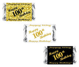 100th Birthday Miniatures Candy Bar Wrapper, (Set of 60) Mini Candy Bar Stickers; 3 Designs: 24 Gold, 24 Black, 12 White, Candy Not Included. Made in