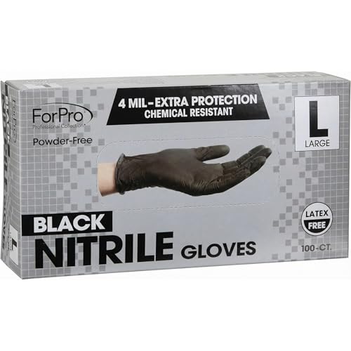 ForPro Disposable Nitrile Gloves, Chemical Resistant, Powder-Free, Latex-Free, Non-Sterile, Food Safe, 4 Mil, Black, Large, 100-Count