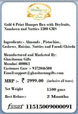 Ghasitaram Gifts Diwali Gifts Diwali Dryfruit - Gold 6 Print Hamper Box with Dryfruits, Namkeen and Nutties 1500 GMS