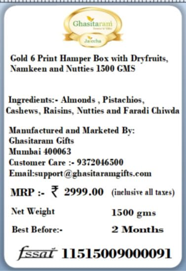 Ghasitaram Gifts Diwali Gifts Diwali Dryfruit - Gold 6 Print Hamper Box with Dryfruits, Namkeen and Nutties 1500 GMS