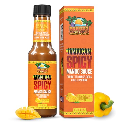 Montego Island Foods Jamaican Spicy Mango Sauce - Real Mango, Fiery Scotch Bonnet Peppers, Zesty Lime Juice & Juicy Golden Raisins - Sweet, Tangy