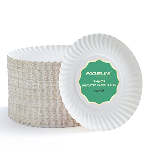 FOCUSLINE 7 Inch White Paper Plates, Uncoated Paper Plate, Everyday Disposable Dessert Plates 7" Plate Bulk, Pack of 500 Count