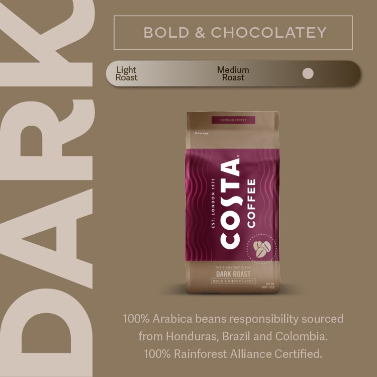 Costa Coffee Ground Dark Roast Coffee, Bold & Chocolatey 12 Oz Bag, Perfect for Drip, French Press & Pourover, The Finest Slow Roasted 100% Arabica