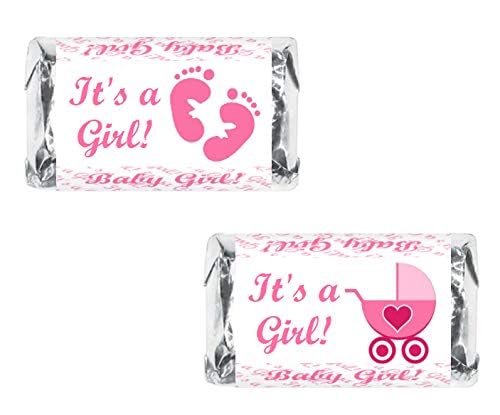 60 Pink Its a Girl Baby Shower Miniatures Candy Bar Wrapper, Baby Shower Miniatures Candy Bar Stickers