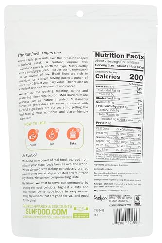 Sunfood Superfoods Raw Organic Brazil Nuts - Brazil Nuts Organic, Raw Brazil Nuts, Brazilian Nuts Unsalted, Great Source of Protein, USDA Organic, Non