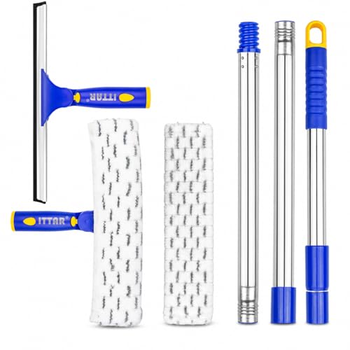 ITTAR Window Squeegee Cleaning Kit with 60 Inch Extension Pole, Glass Cleaner Tool 12" Rubber Blade & 2 Microfiber Pads, Window Washing Equipment