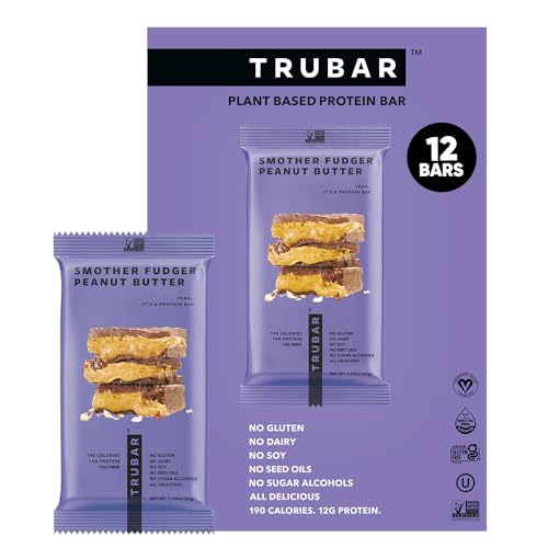 TRUBAR Vegan Protein Bar, Smother Fudger Peanut Butter, Gluten Free, Plant Based Protein, Dairy Free, Non GMO, Soy Free, No Sugar Alcohols, 12G