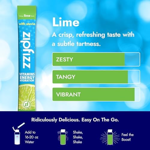 Zipfizz Stevia Energy Drink Powder, Lime, 10 Pack - 3-in-1 Sustained Energy, Rapid Hydration & Essential Vitamins - Sugar-Free, Non-Effervescent