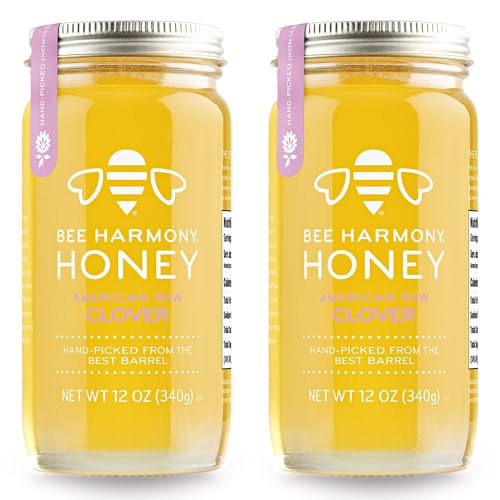Bee Harmony Raw Clover Honey, 12 OZ (Pack of 2 Jars), Made in the USA