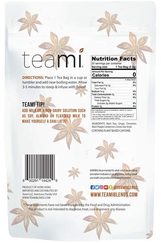 Teami Chai Black Tea Bags - 20 Count - with Cardamom, Ginger, and Cinnamon - Great for Lattes and Smoothies