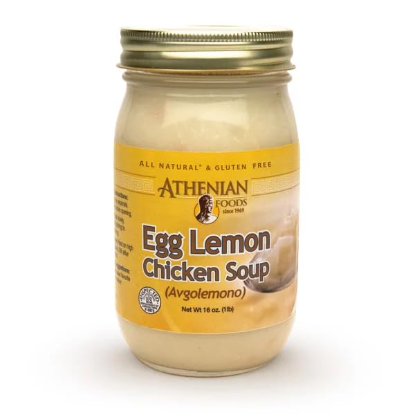 Athenian Foods Egg Lemon Chickn Soup with Rice | Avgolemono | All Natural 16oz Jar Greek Soup