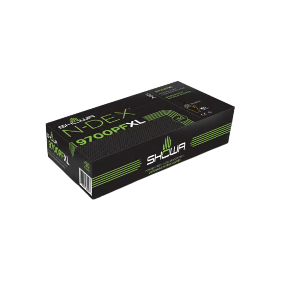 SHOWA 9700PF Sustainable EBT Latex-Free, Powder-Free, Nitrile Disposable Single Use Safety Gloves, 6 Mil, 11" Length, X-Large (1 Box)