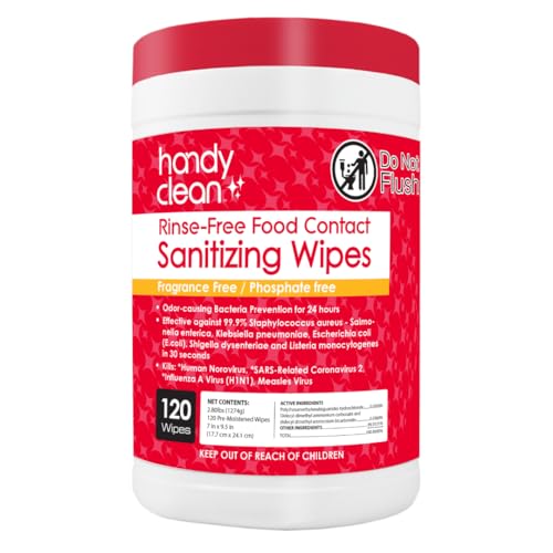 HandyClean Rinse-Free Food Contact Sanitizing Wipes Canister, Multi Surface Cleaning Supplies for Kitchen and Professional Setting One Canister (120
