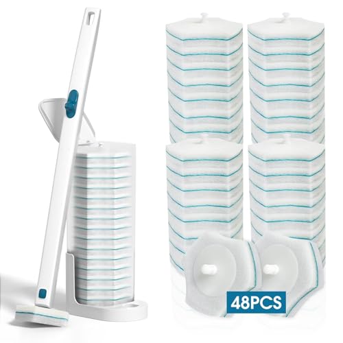 Disposable Toilet Brush with 48 PCS Refills, Disposables Toilets Cleaning System with Handle, Storage Caddy and 48Toilet Bowl Refill Heads