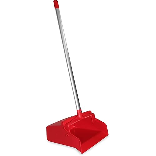 SPARTA Color Coded Upright Dustpan with 30 Inch Aluminum Handle, Serrated Edge and Locking Yoke, Standing Commercial Floor Dust Pan, Red