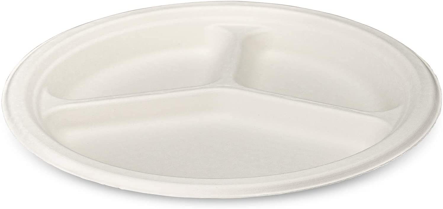 GUSTO 100% Compostable Sugarcane Paper Plates, Heavy Duty, Eco-Friendly, Biodegradable - White, 10 Inch, 3 Compartment, Case of 500
