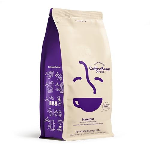 Coffee Bean Direct Hazelnut Flavored, Whole Bean Coffee, Smooth Nutty Flavor, Light Roast, 2.5 Pound Bag (Pack of 1)
