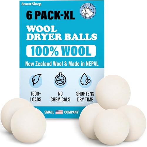 Wool Dryer Balls - Smart Sheep 6-Pack - XL Premium Natural Fabric Softener Award-Winning - Wool Balls Replaces Dryer Sheets - Wool Balls for Dryer