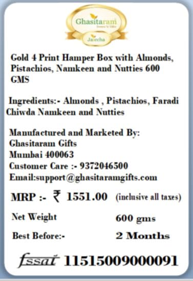 Ghasitaram Gifts Diwali Gifts Diwali Dryfruit - Gold 4 Print Hamper Box with Almonds, Pistachios, Namkeen and Nutties 600 GMS