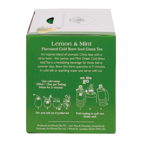 Ahmad Tea Green Tea, Cold Brew Lemon and Mint Teabags, Iced Tea, 20 ct (Pack of 1) - Caffeinated and Sugar-Free