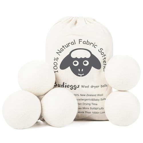 Budieggs Wool Dryer Balls Organic XL 6-Pack, 100% New Zealand Wool Chemical Free Fabric Softener for 1000+ Loads, Baby Safe & Hypoallergenic, Fabrics