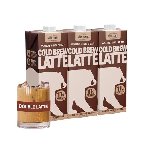 Wandering Bear Double Latte Organic Cold Brew Coffee - 32 fl oz, 3 pack - Creamy High-Protein Cold Brew Latte, 11 g Protein, Only 100 Calories, 5 g