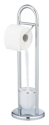 Toilet Paper Stand with Toilet Brush, Toilet Paper Holder Set, Free Standing Toilet Paper Holder, Stainless Steel, White, 7.5 x 7.5 x 24.8 in