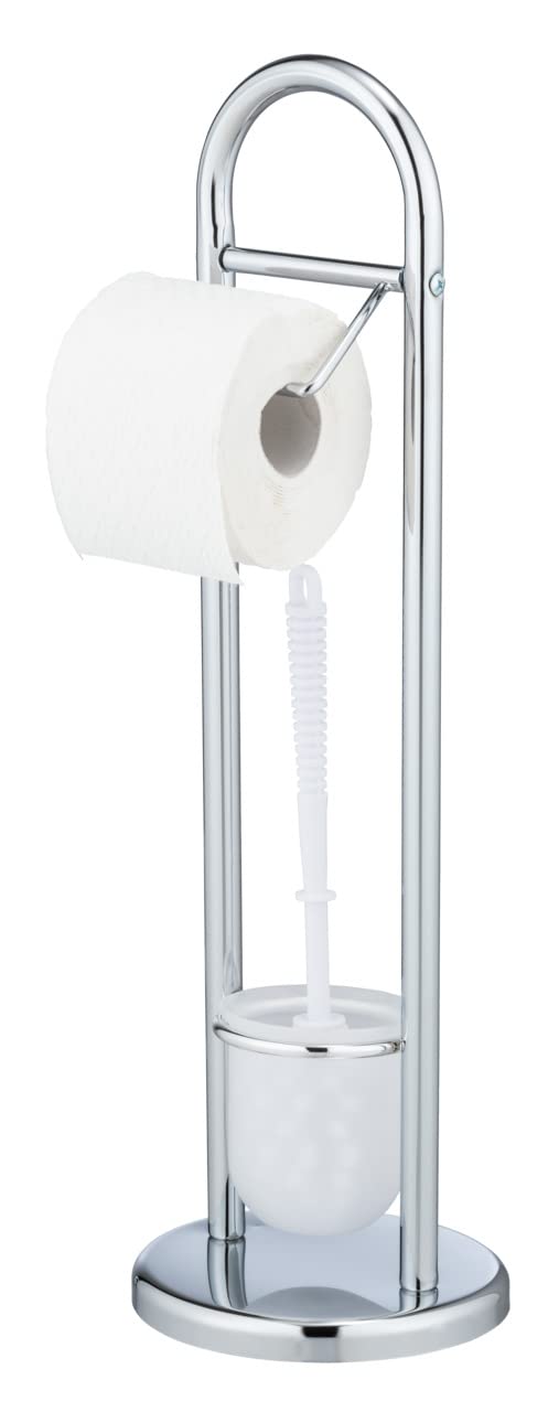 Toilet Paper Stand with Toilet Brush, Toilet Paper Holder Set, Free Standing Toilet Paper Holder, Stainless Steel, White, 7.5 x 7.5 x 24.8 in