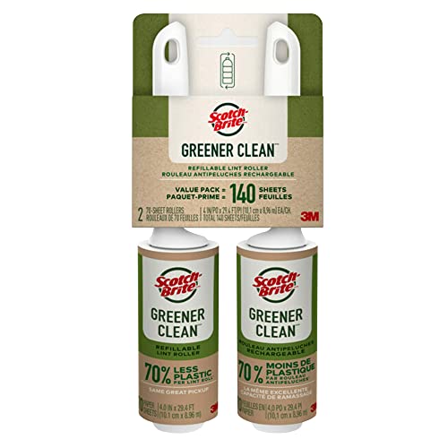 Scotch-Brite Greener Clean Lint Roller, 2 Pack (140 Sheets Total), 4 in x 29.4 ft Each, Refillable Rollers with 100% Recycled Handles, Strong Adhesive