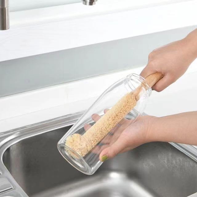 Hangable Coconut Fibre Bottle Cleaning Brush with Wooden Handle, Bottle Washing Brush, Pan Scrub, Sturdy, Bottle Vase Glassware Water Cleaning Brush
