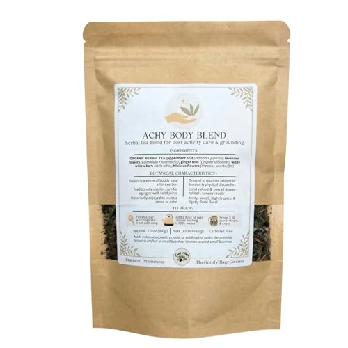The Good Village Co. Achy Body Blend Loose Leaf Herbal Tea, Caffeine Free Botanical Tea with Peppermint, Lavender, Ginger, White Willow Bark
